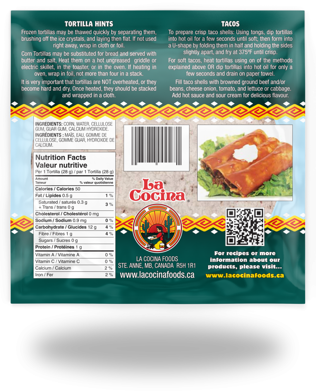 Back of the 6″ Corn Tortillas package